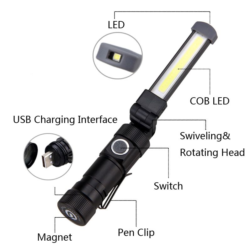 COB LED Camping Light 5 Mode USB Rechargeable Magnetic Flashlight Red Warning Light Build-in Battery Work Light Lamp Lantern BIL