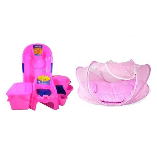Baby Bath Set - 7pcs + Bed Net -Pink/Dark Blue