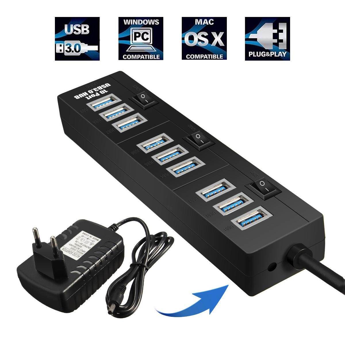 Usb 3.0 10 Port Hub High Super Speed Adater Cable With Switch For Laptop PC Black EU Plug EU Regulation