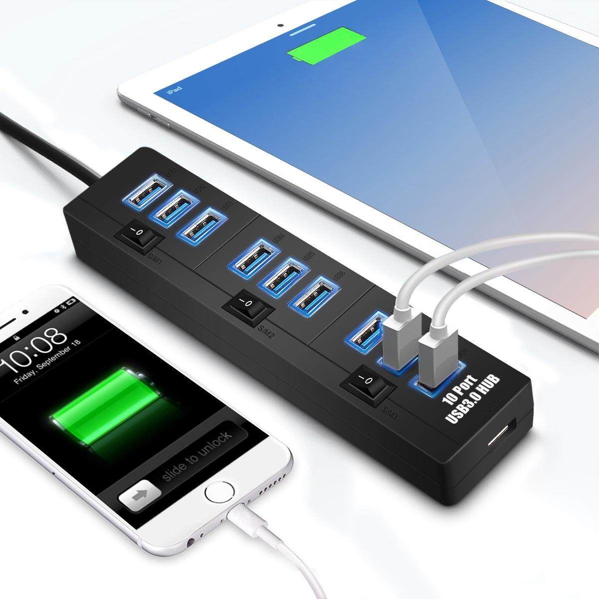 Usb 3.0 10 Port Hub High Super Speed Adater Cable With Switch For Laptop PC Black EU Plug EU Regulation