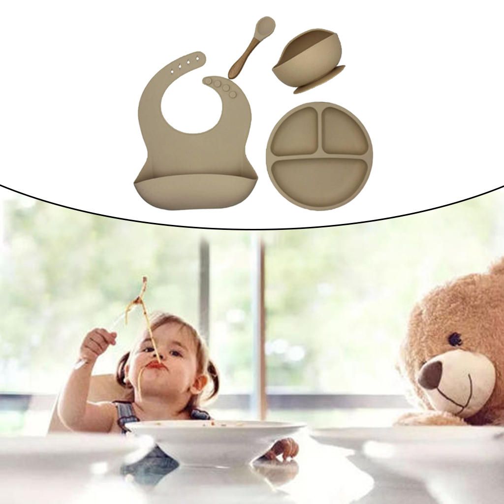4pcs Waterproof Silicone Complete Baby Feeding Set Easily Wipe Camel
