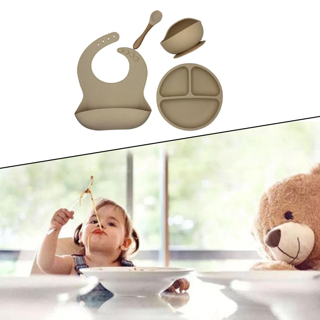 4pcs Waterproof Silicone Complete Baby Feeding Set Easily Wipe Camel