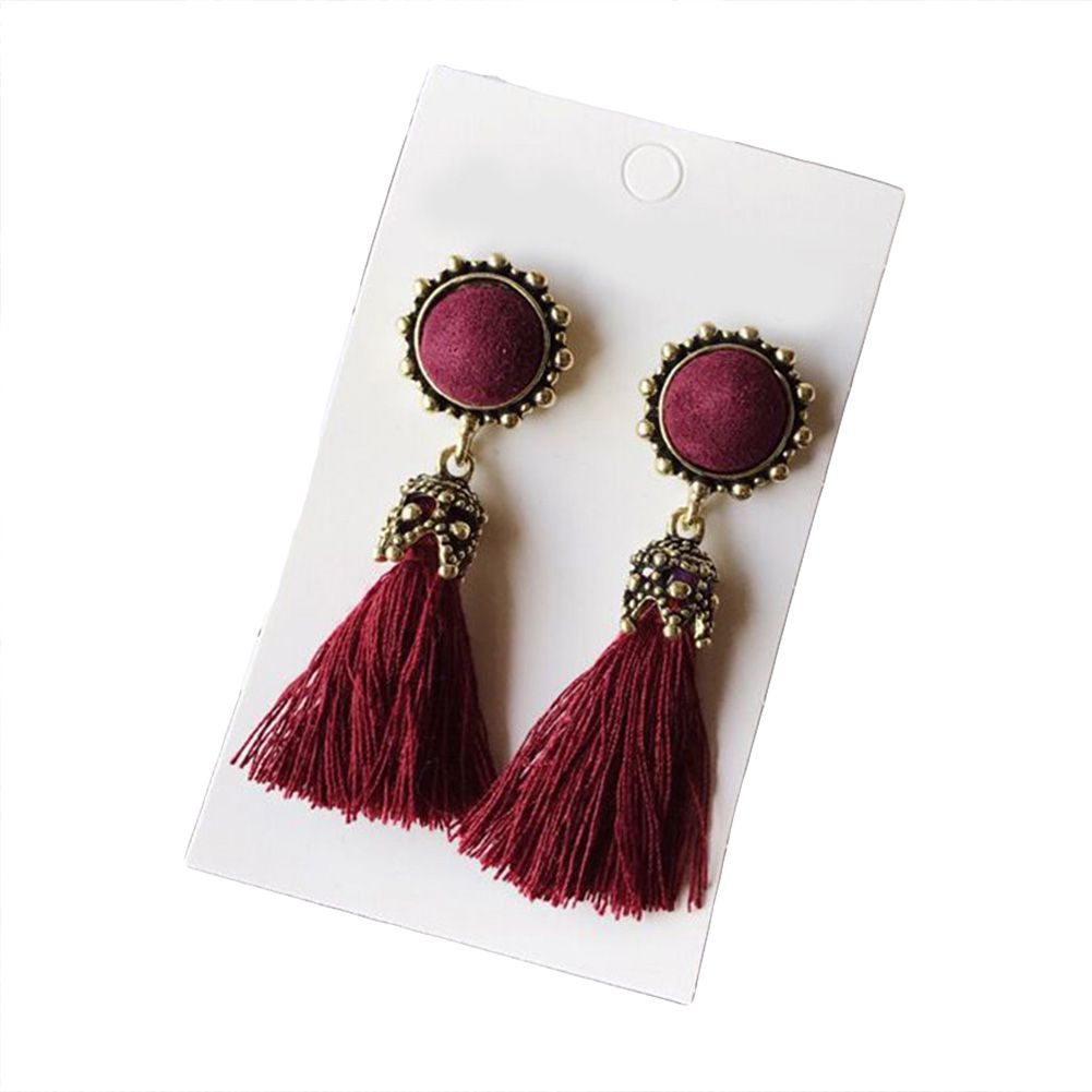 Vintage Women Tassel Fringed Drop Round Ear Stud-Red