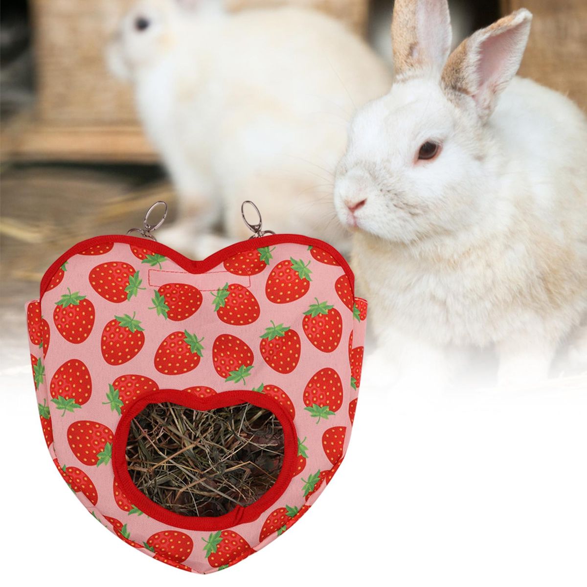 Durable Rabbit Hay Feeder Bag Love Shaped Hanging Feeding Pouch Red