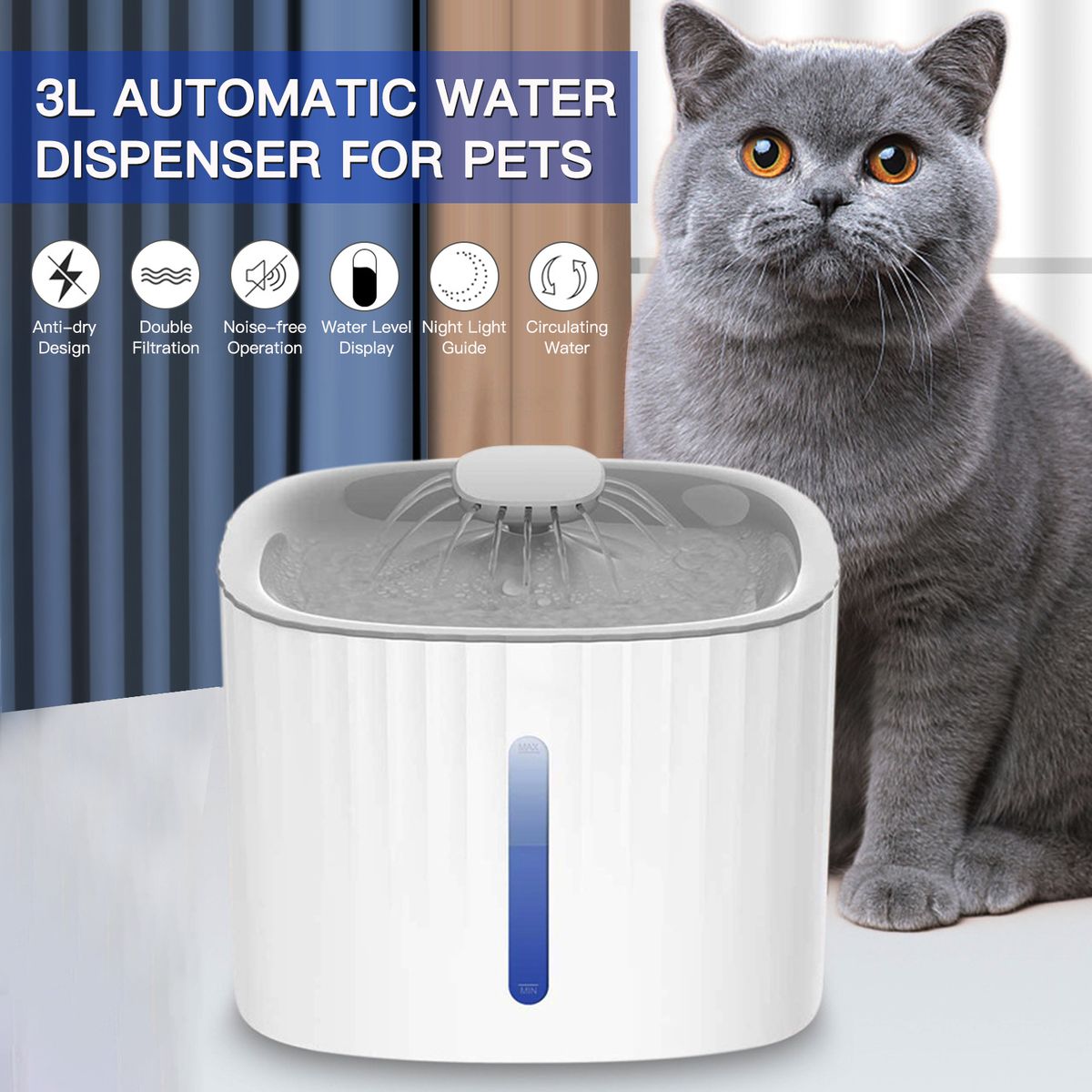Automatic Water Dispenser For Pets 3L LED Water Level