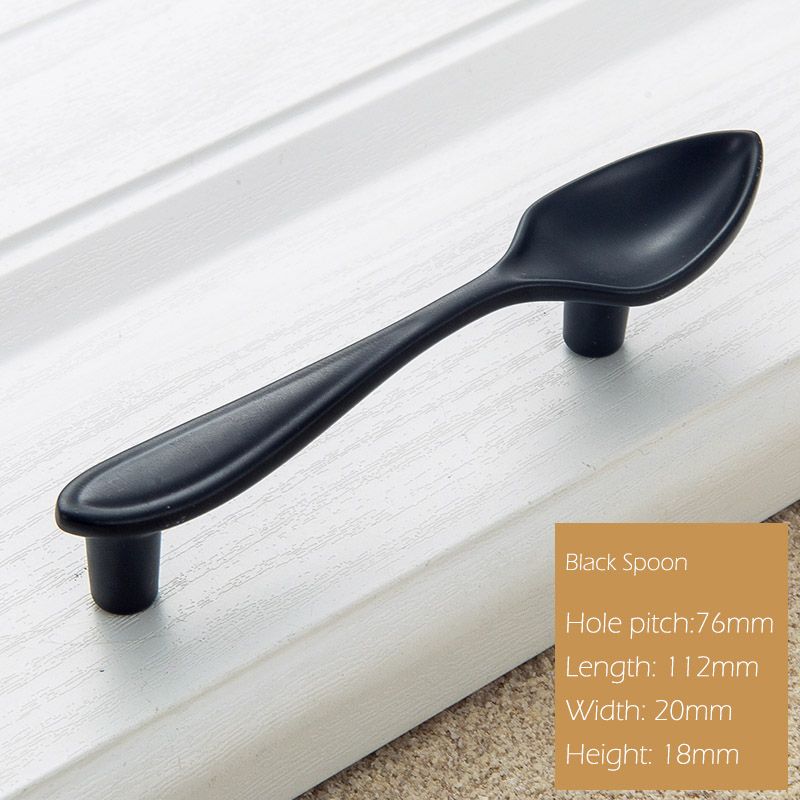 (Black Spoon)KAK Fashion Zinc Alloy Cabinet Handles Kitchen Spoon Fork  Cupboard Handles Drawer Knobs Novelty Furniture Handle 76mm