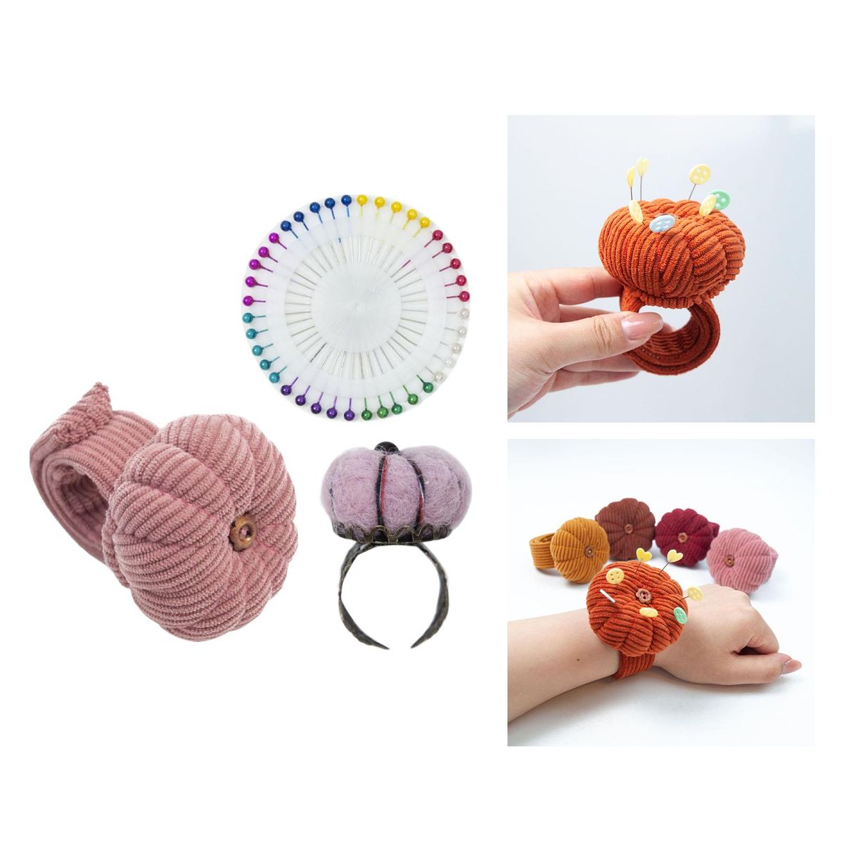 Wrist Pincushion  Pumpkin Shaped For Tailor Craft Projects Pink