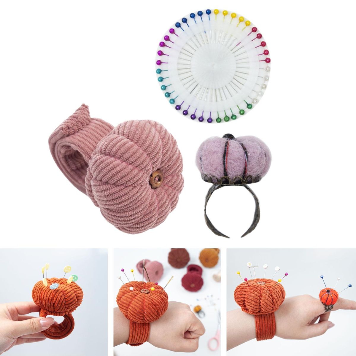Wrist Pincushion  Pumpkin Shaped For Tailor Craft Projects Pink