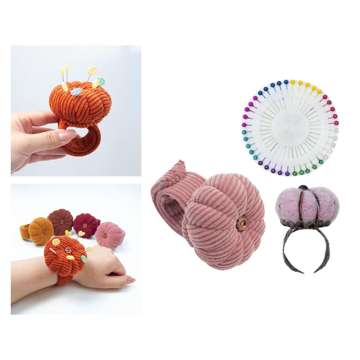 Wrist Pincushion  Pumpkin Shaped For Tailor Craft Projects Pink