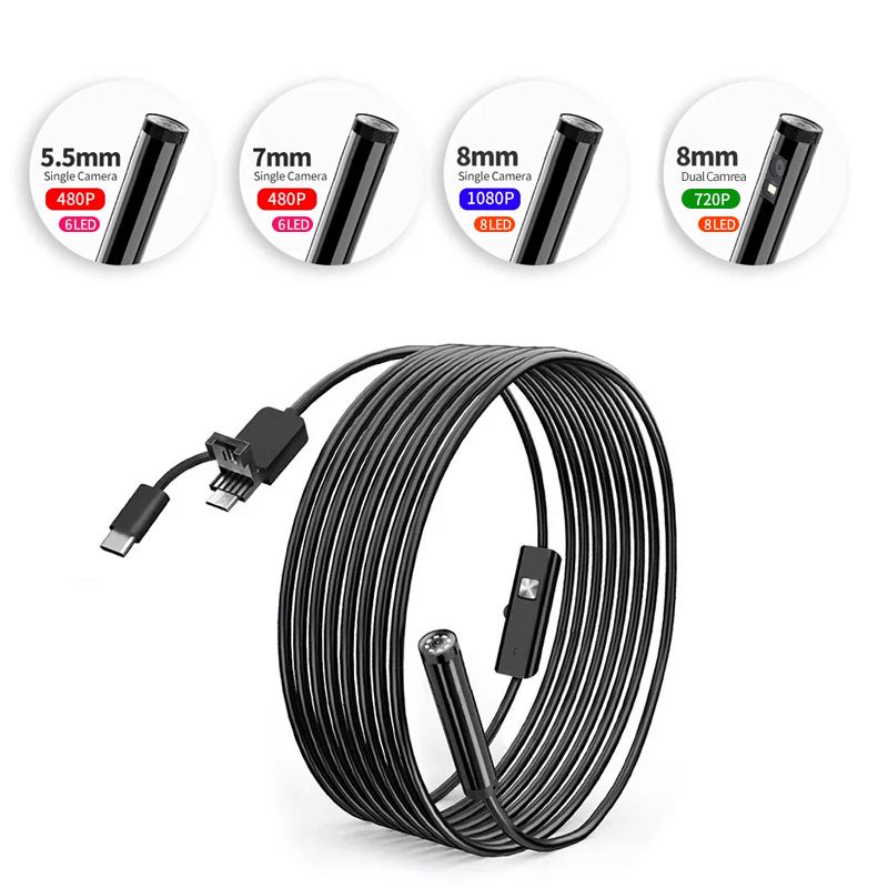1080P/640P USB Endoscope  Camera 3 In 1 USB/Micro USB/Type-C Endoscope Camera Borescope With 8 LED For Samsung Huawei-5.5mm Single Lens