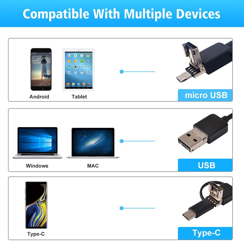 1080P/640P USB Endoscope  Camera 3 In 1 USB/Micro USB/Type-C Endoscope Camera Borescope With 8 LED For Samsung Huawei-5.5mm Single Lens
