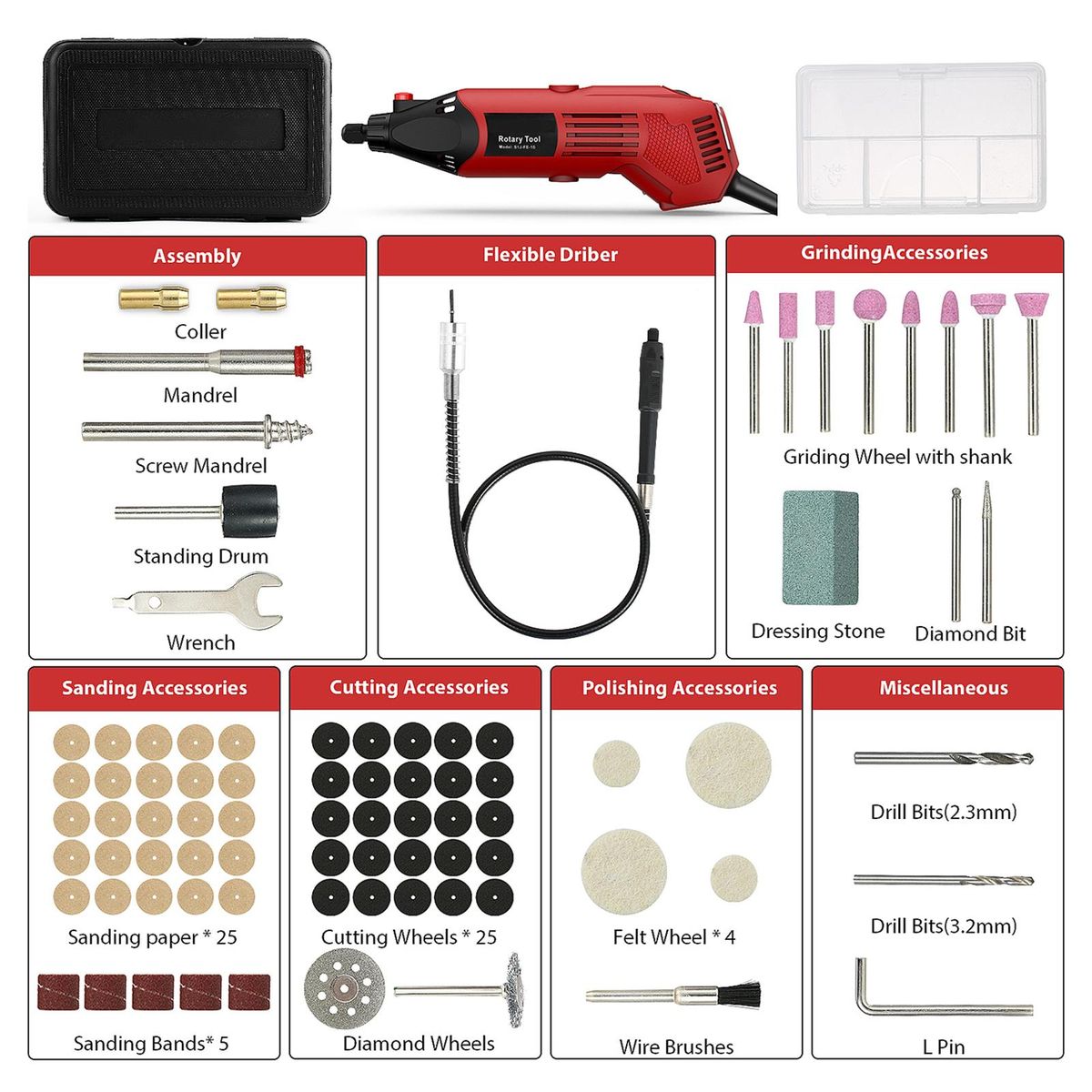 AC Rotary Tool Kit Electric Grinder 6 Variable Speeds 8000-35000RPM 170W for Polishing Carving and Shaping with Carrying Case
