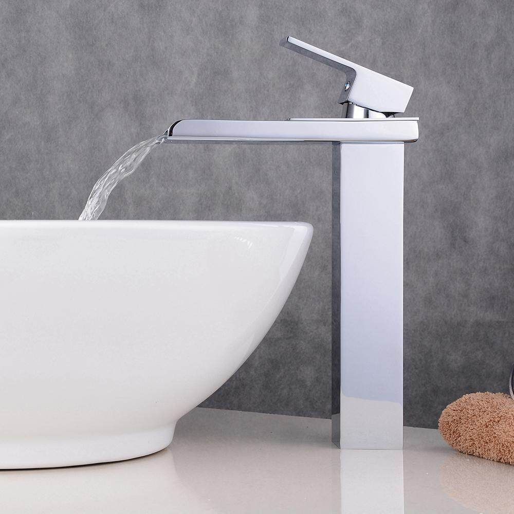 HOOMI Chrome Waterfall Bathroom Bath Faucet Counter Top Tall Basin Mixer Tap 3/8 GE Plug Silver Silver