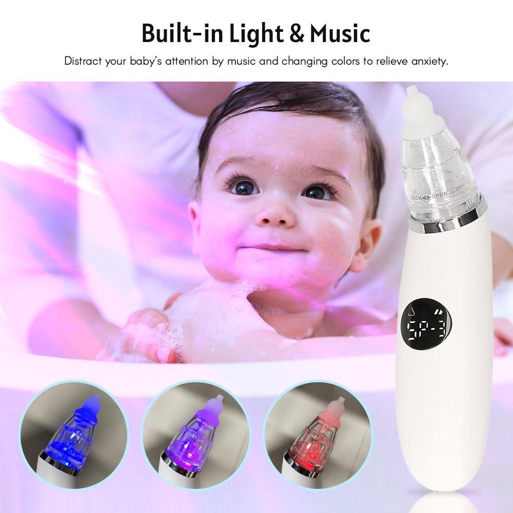Baby Nasal Aspirator Electric Nose Suction Nose Cleaner with 3 Silicone Tips & Suction Levels LED Display Built-in Flashing Lights and Music