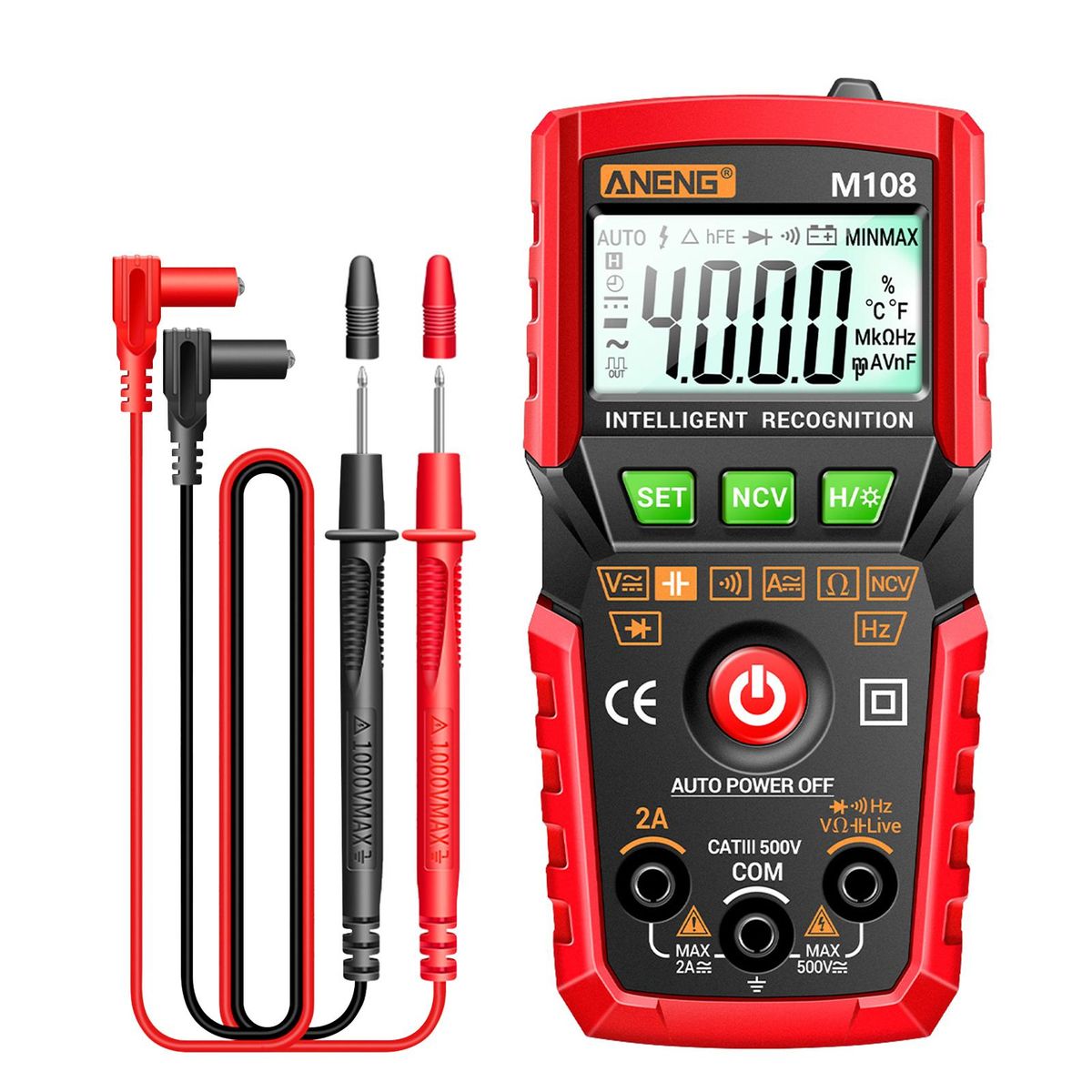 ANENG M108 Smart Digital Multimeter Auto Range 4000 Counts NCV Universal Meter Handheld Multifunctional Tester Voltmeter Ammeter with Backlight Flashlight AC/DC Voltage & Current Resistance Capacitance Frequency Measurement