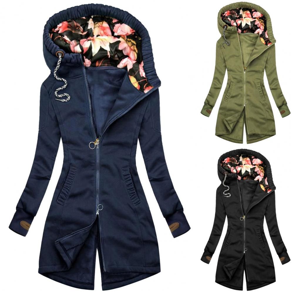 Women's Jackets Long Sleeve Coat Zip Irregular Floral Print Hood Jacket Lady Coat Autumn Winter Women Clothes