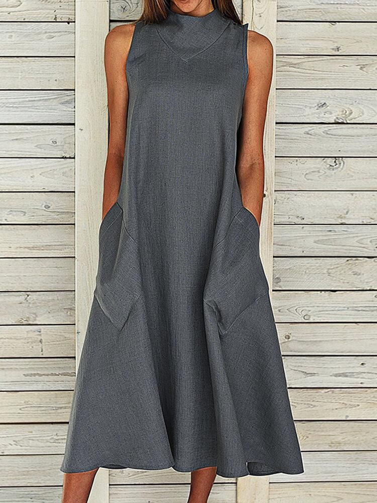 Solid Side Pockets Loose Large Size Casual Dress For Women