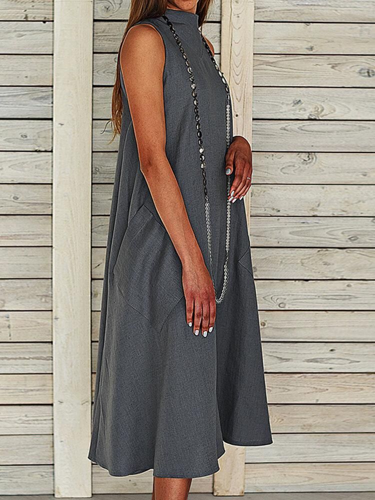 Solid Side Pockets Loose Large Size Casual Dress For Women