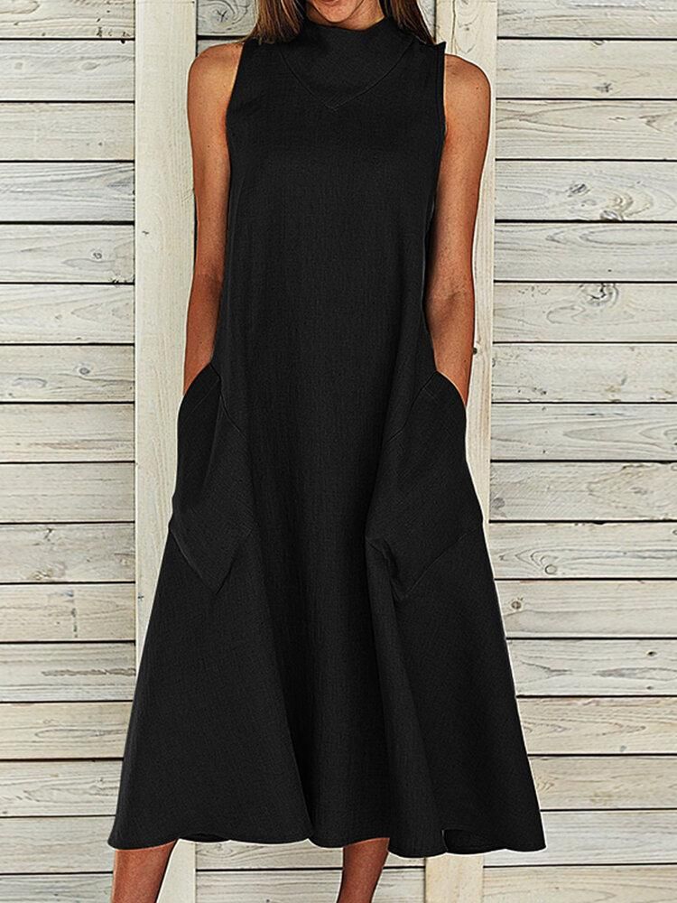 Solid Side Pockets Loose Large Size Casual Dress For Women