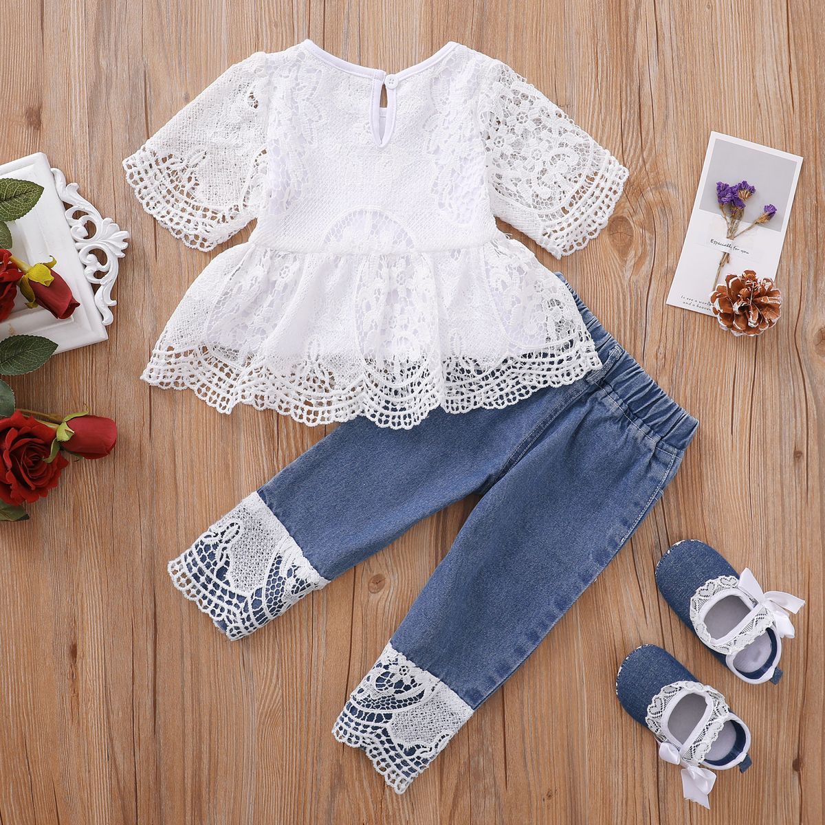 Baby Girls Gorgeous Lace Patchwork Blouse With Ripped Holes Jeans