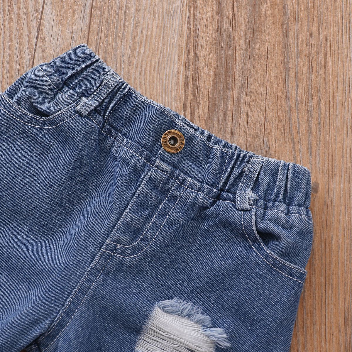 Baby Girls Gorgeous Lace Patchwork Blouse With Ripped Holes Jeans