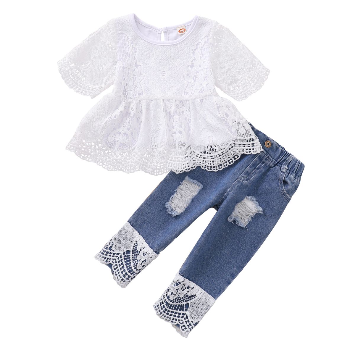 Baby Girls Gorgeous Lace Patchwork Blouse With Ripped Holes Jeans