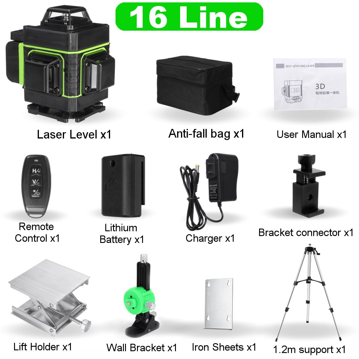 4D 16 Lines Green Laser Levels 360 Horizontal &Vertical Cross Lines With Auto Self-Leveling Super Powerful Laser Beam-Set A Wth 1.2M Tripo