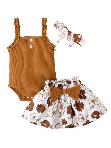 3-18Months Baby Girl Sling Bodysuit+Floral Skirt+Headwear