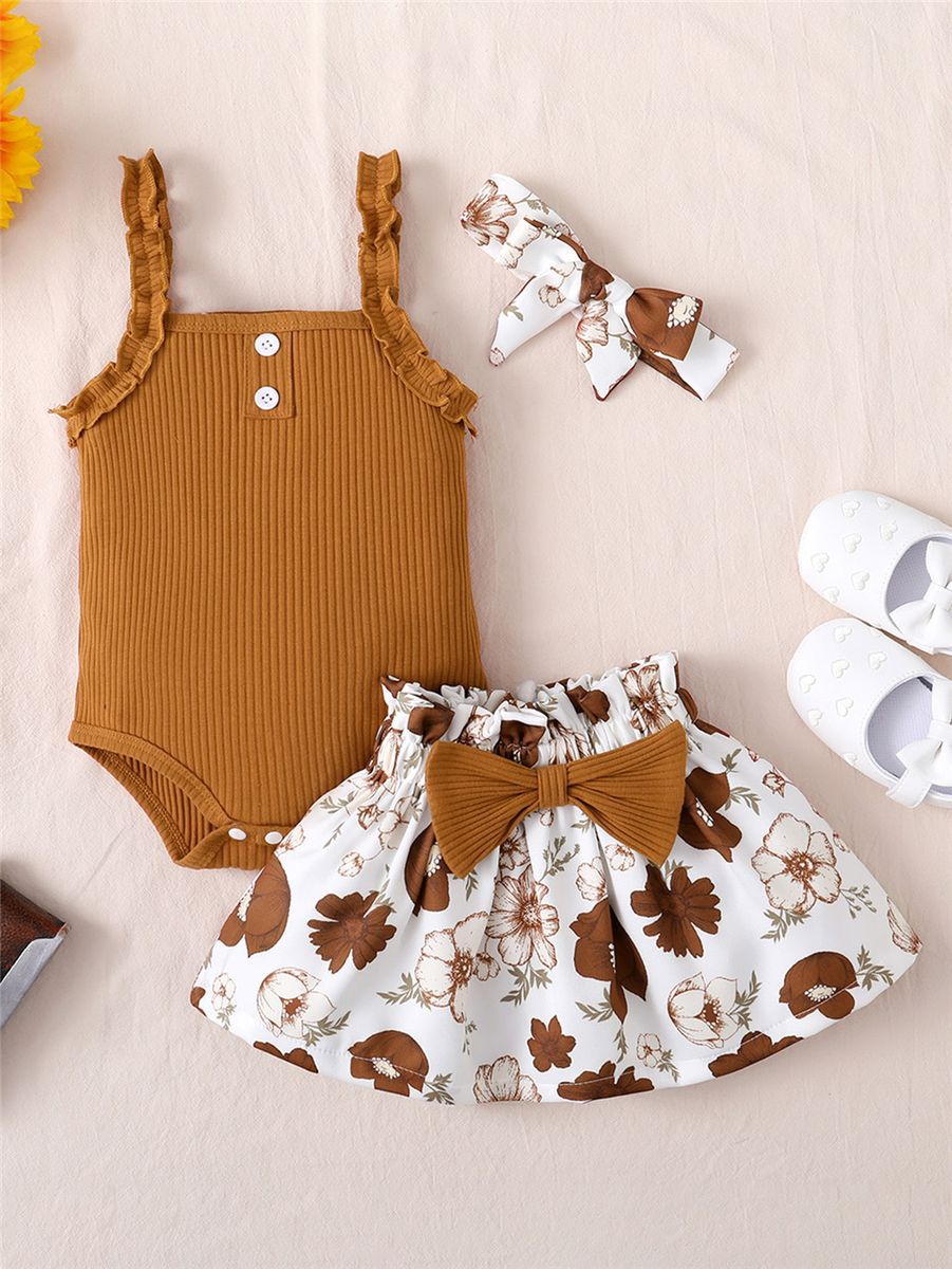3-18Months Baby Girl Sling Bodysuit+Floral Skirt+Headwear