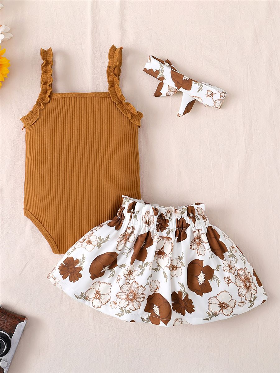 3-18Months Baby Girl Sling Bodysuit+Floral Skirt+Headwear