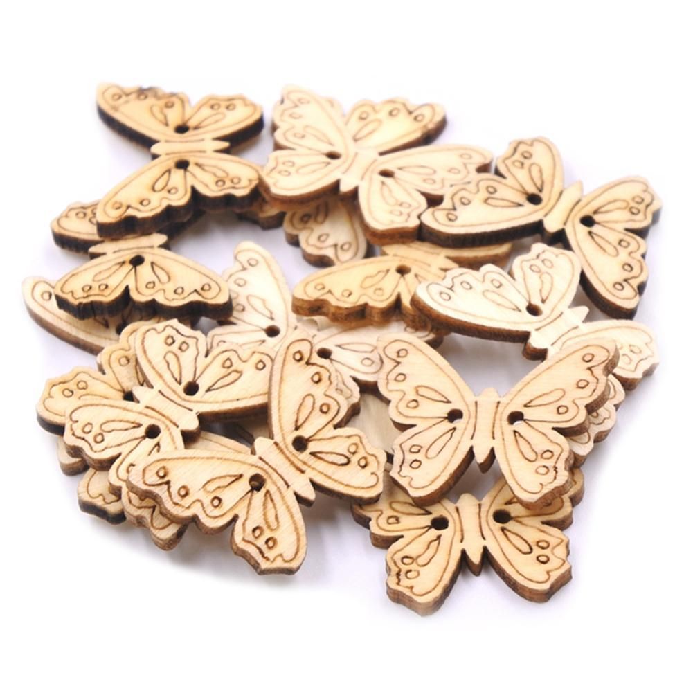 50Pcs Butterfly Shape Unpainted Wooden Buttons Sewing Scrapbooking Decoration-Log Color