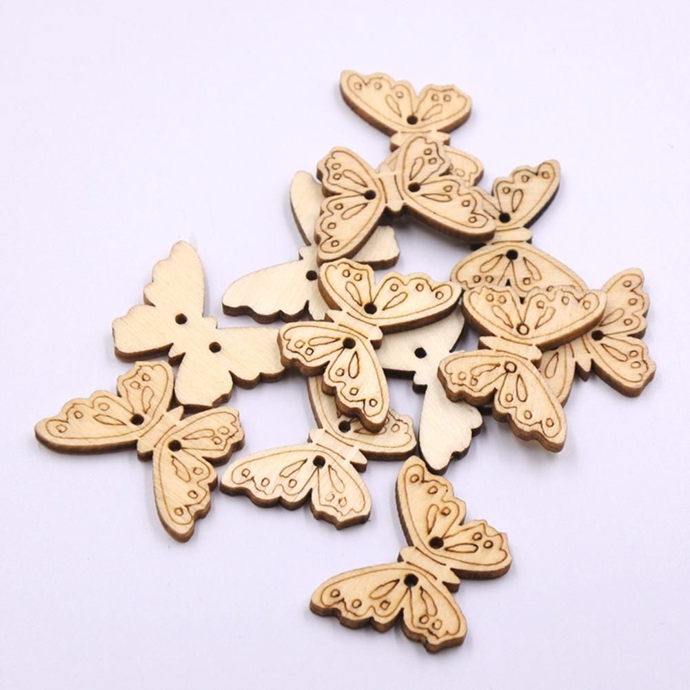 50Pcs Butterfly Shape Unpainted Wooden Buttons Sewing Scrapbooking Decoration-Log Color