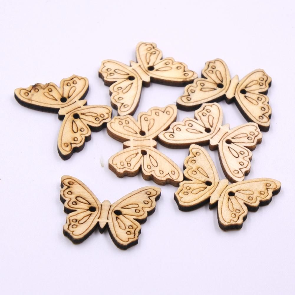 50Pcs Butterfly Shape Unpainted Wooden Buttons Sewing Scrapbooking Decoration-Log Color