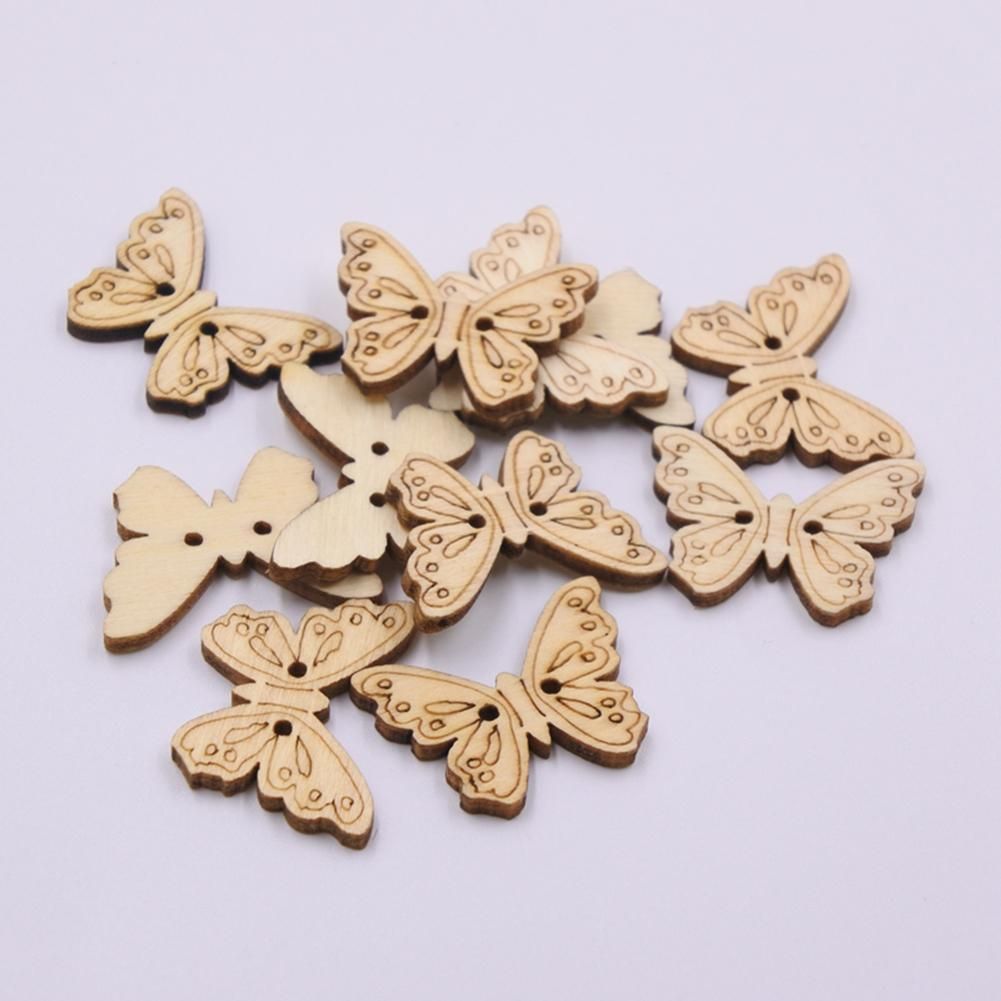 50Pcs Butterfly Shape Unpainted Wooden Buttons Sewing Scrapbooking Decoration-Log Color