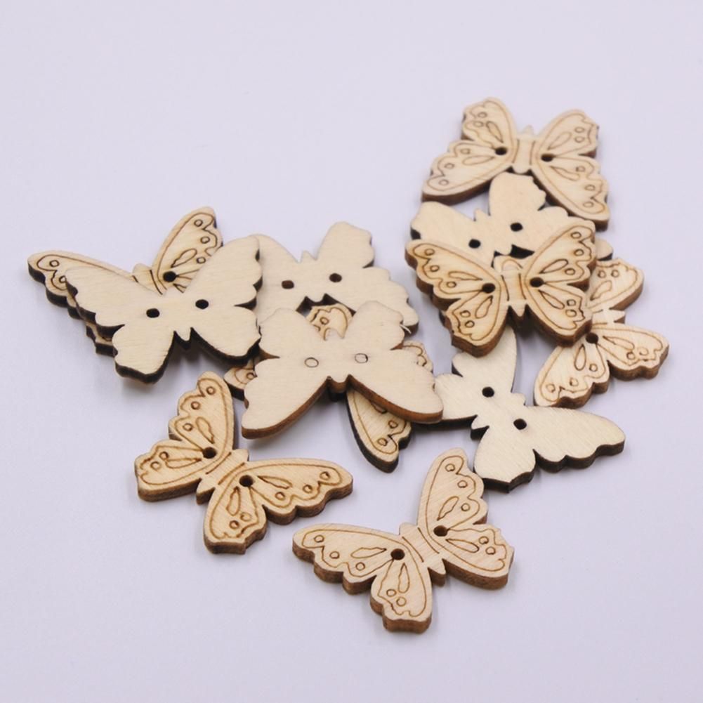 50Pcs Butterfly Shape Unpainted Wooden Buttons Sewing Scrapbooking Decoration-Log Color
