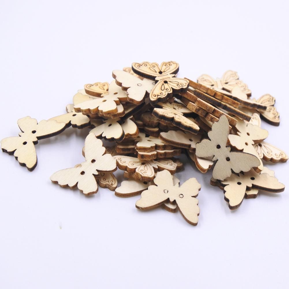 50Pcs Butterfly Shape Unpainted Wooden Buttons Sewing Scrapbooking Decoration-Log Color