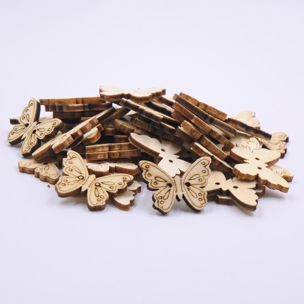 50Pcs Butterfly Shape Unpainted Wooden Buttons Sewing Scrapbooking Decoration-Log Color