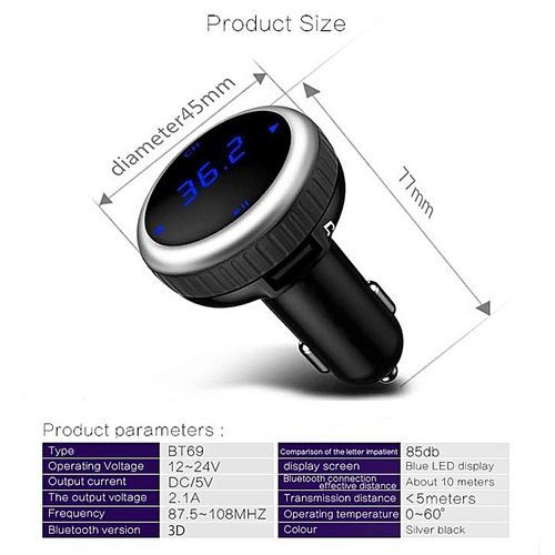 Wireless Bluetooth FM Transmitter Car Charger, Car Radio Adapter MP3 Player Music Hands-free Car Kit With LED Display ,Support TF Card And USB Flash Disk Play (Black) By HT