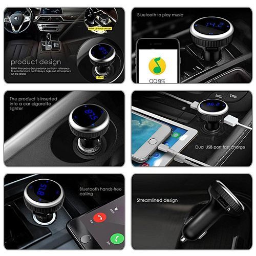 Wireless Bluetooth FM Transmitter Car Charger, Car Radio Adapter MP3 Player Music Hands-free Car Kit With LED Display ,Support TF Card And USB Flash Disk Play (Black) By HT