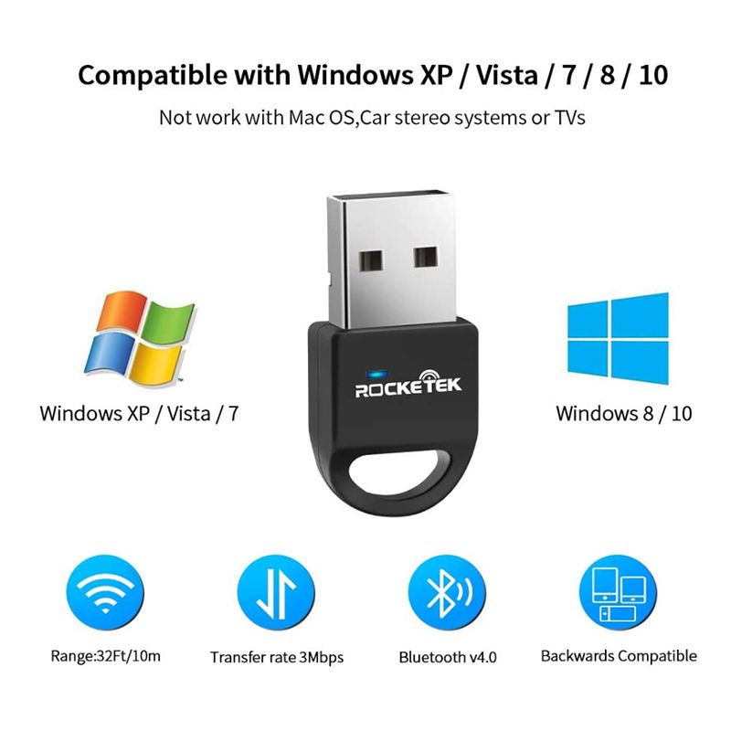 ROCKETEK CSR 4.0 A2DP Bluetooth Adapter USB Dongle For PC