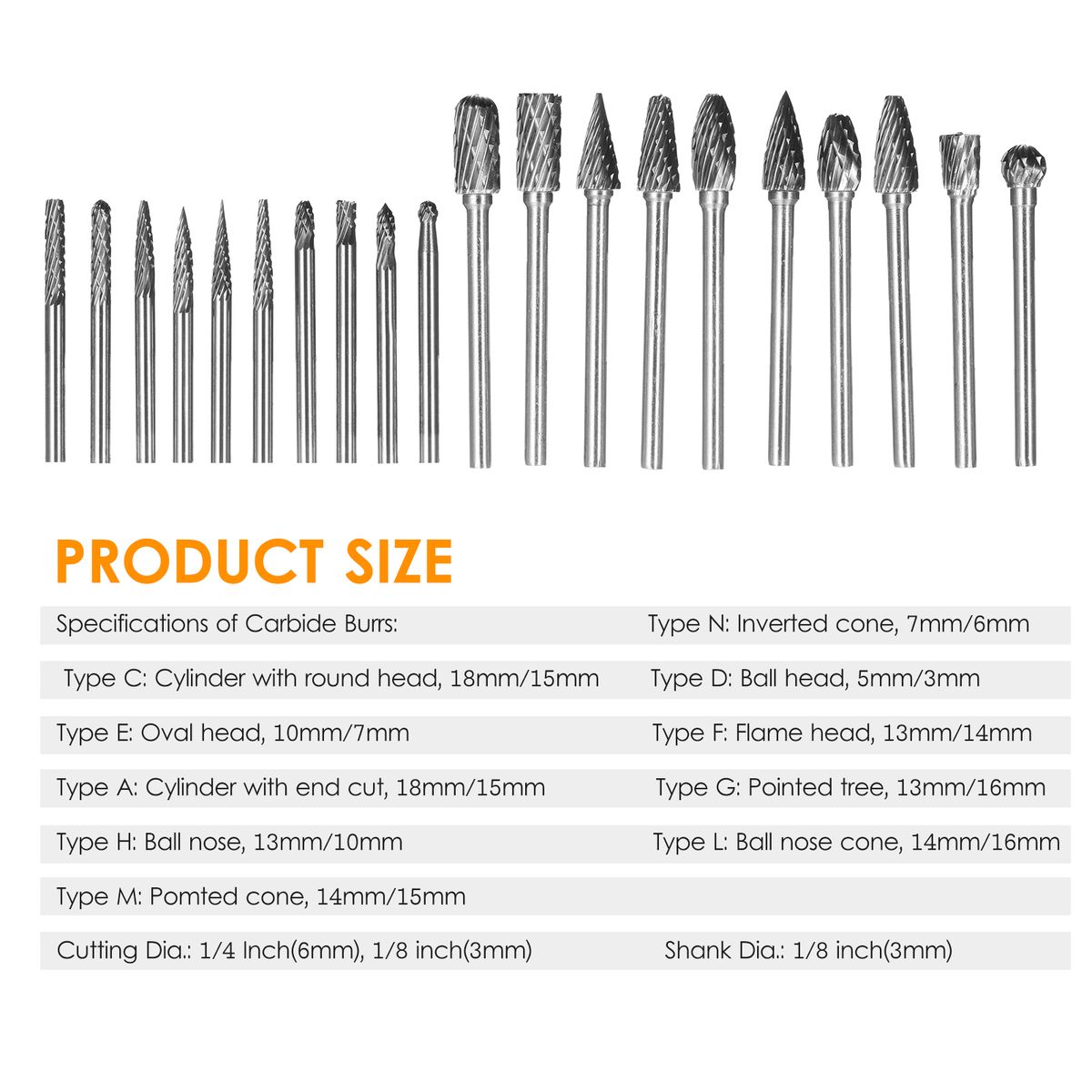 20pcs Double Cut Carbide Rotary Burr Set 1/8in Shank 1/4in