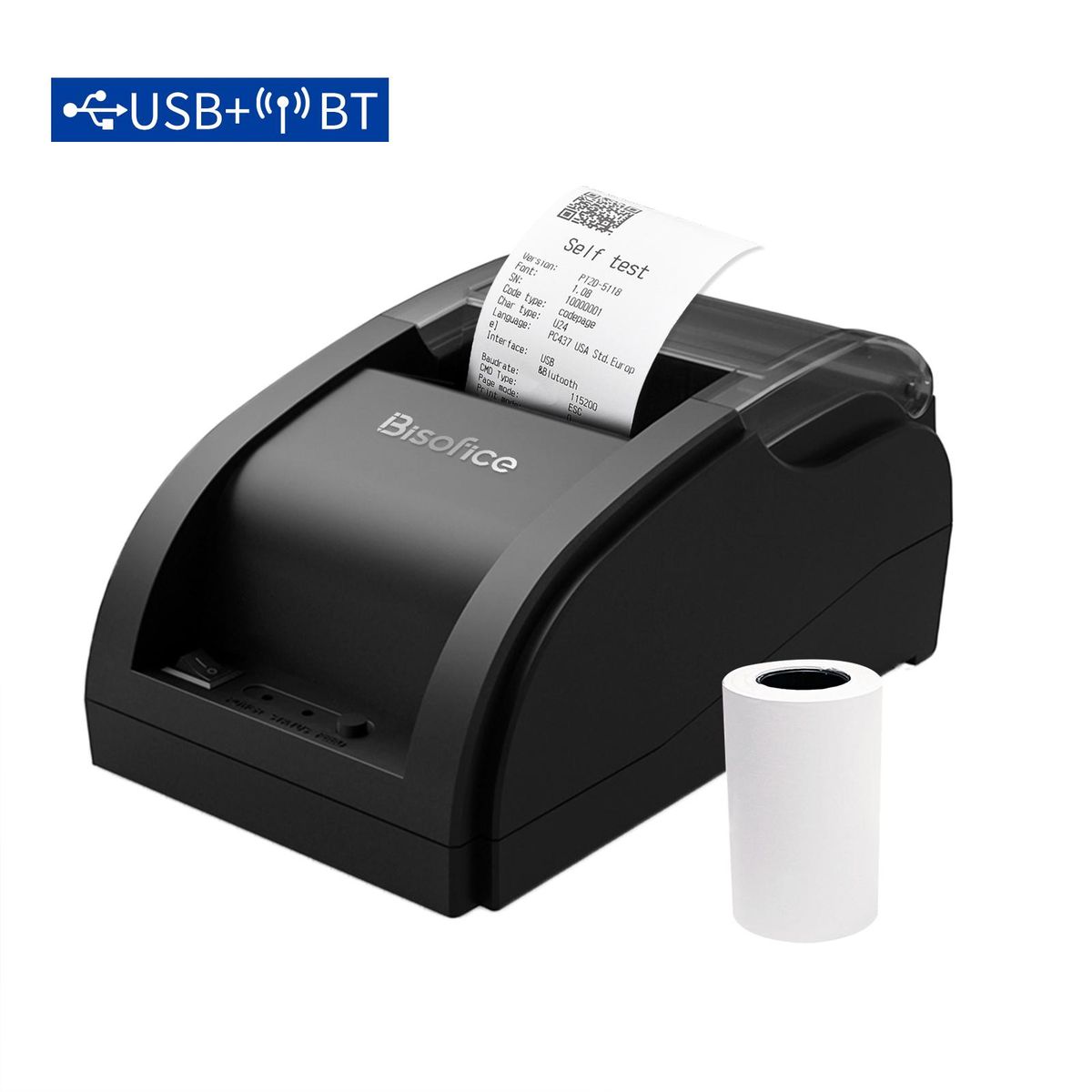 Bisofice Desktop 58mm Thermal Receipt Printer Wireless Barcode Printer USB+BT Connections with 1 Roll Paper Inside Support ESC Command Cashbox Connecting Compatible with Windows Android iOS System for Supermarket Retail Store