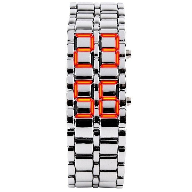 Fashion Silver Full Metal Digital Lava Wrist Watch Men Red LED Display Men's Watches Gifts for Male Boy Sport Creative Clock