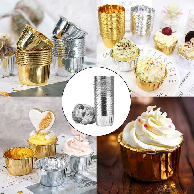 50x Foil Cup Cake Cases Cupcake Muffin Paper Baking Cups Silver