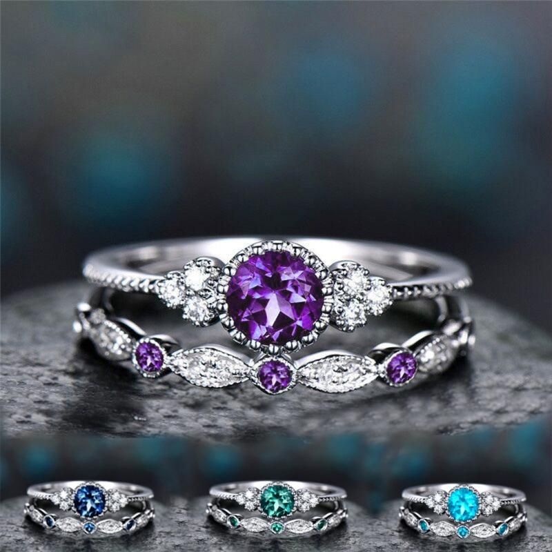 2Pcs/Set Women Cubic Zirconia Inlaid Stackable Finger-Pink