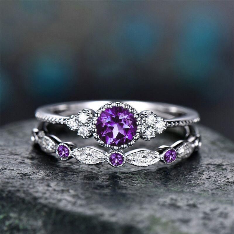 2Pcs/Set Women Cubic Zirconia Inlaid Stackable Finger-Pink