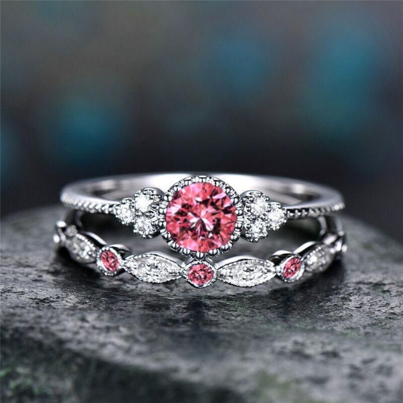 2Pcs/Set Women Cubic Zirconia Inlaid Stackable Finger-Pink