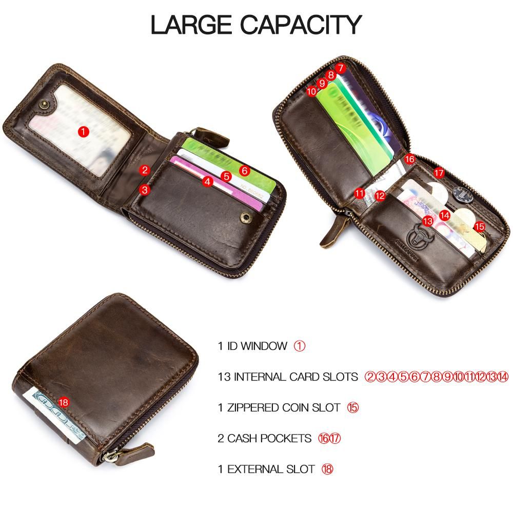 Leather Bifold Zipper Wallet for Men Travel Purse Pouch Gift