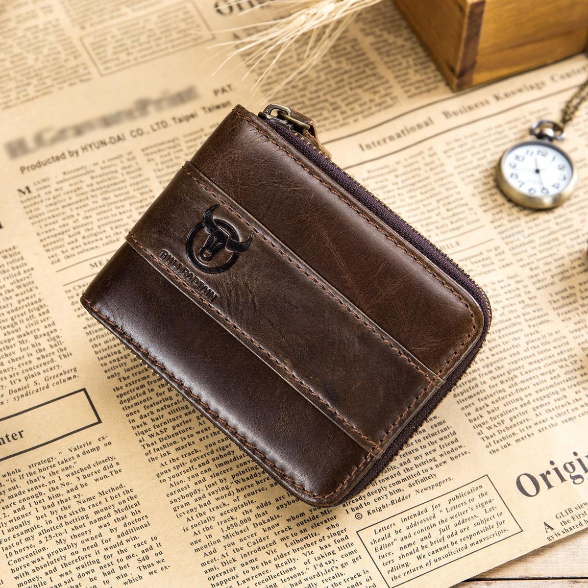 Leather Bifold Zipper Wallet for Men Travel Purse Pouch Gift