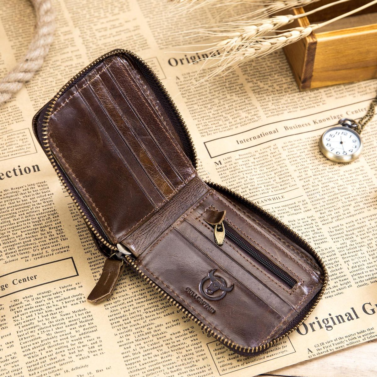 Leather Bifold Zipper Wallet for Men Travel Purse Pouch Gift
